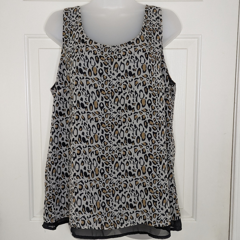 Relativity Sleeveless Leopard Print Top Light Weight Sheer‎ Double Layer L